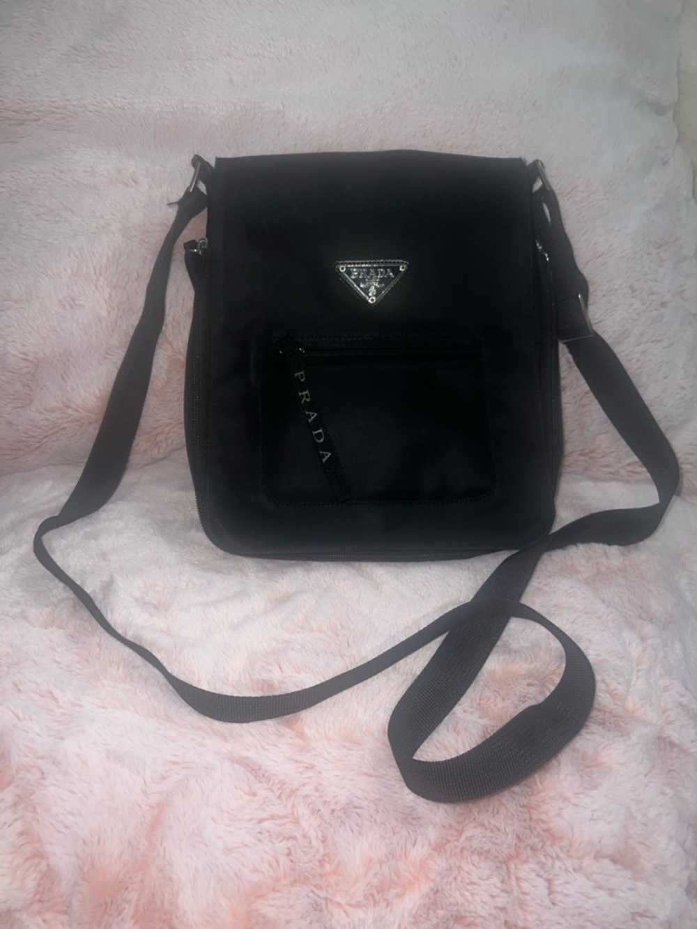 Prada Black Nylon Messenger Bag with Triangle Logo Crossbody Saffiano